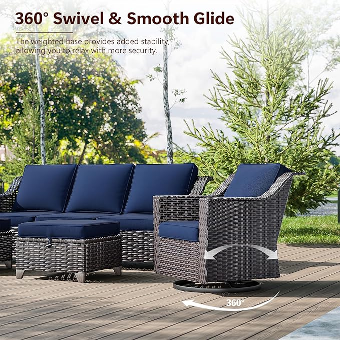 8 Pieces Wicker Patio Furniture, Luxury Outdoor Furniture with 2 Patio Swivel Chair, 2 Patio Chair, 3-Seater Sofa, 2 Patio Ottoman and 1 Side Table, Wide Armrest, Thickened Cushions