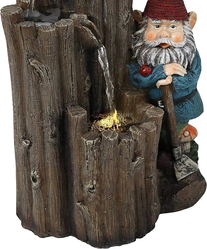 Sunnydaze Resting Gnome Outdoor Water Fountain with LED Light - Gnome Garden Fountain for Patio, Backyard or Deck - 17" High