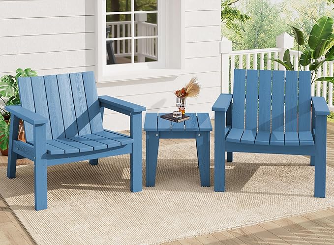SERWALL Adirondack Chair Set, Includes Adirondack Chairs Set of 2 and 1 Piece Outdoor Side Table, HDPE Bistro Set- Blue