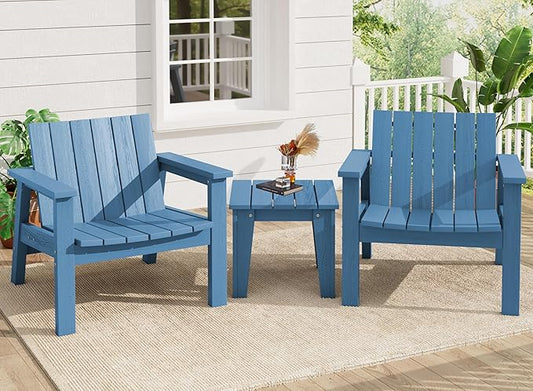SERWALL Adirondack Chair Set, Includes Adirondack Chairs Set of 2 and 1 Piece Outdoor Side Table, HDPE Bistro Set- Blue