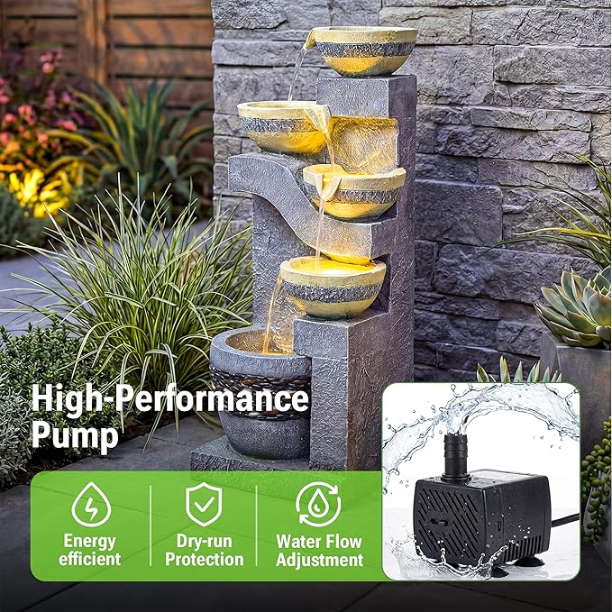 31-Inch Outdoor Water Fountain, 5-Tier Cascading Bowls Stacked Stone Design Resin Waterfall Fountain with 3 LED Lights, Home Art Decor for Garden, Patio, Yard, Porch, Deck or Balcony in Gray