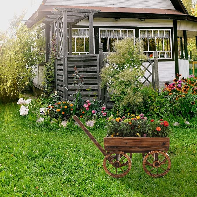 Notume Garden Wooden Decor Rustic Flower Pot,Planters Wagon Indoor Outdoor Backyard Balcony Decor,for Outside Garden Decor Wheelbarrow Planter for Patio (Wooden Wagon)