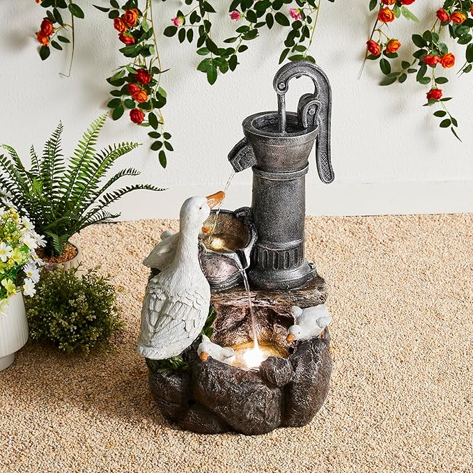 Glitzhome 23.5" Outdoor Duck Fountain with LED Light & Pump, Freestanding 2 Tier Weather-Resistant Patio Fountains Waterfall, Farmhouse Duck Family Sculpture Water Fountain for Backyard Lawn Decor