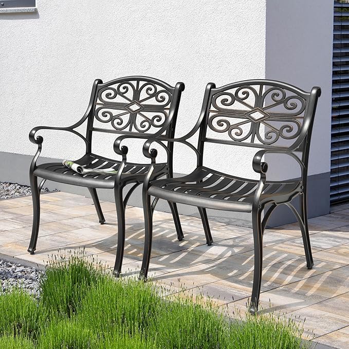 NUU GARDEN Patio Dining Chairs Set of 2, Cast Aluminum Outdoor Chairs with Armrests, Bistro Patio Chairs for Garden Lawn Porch Backyard Poolside, Black with Gold Painted Edges