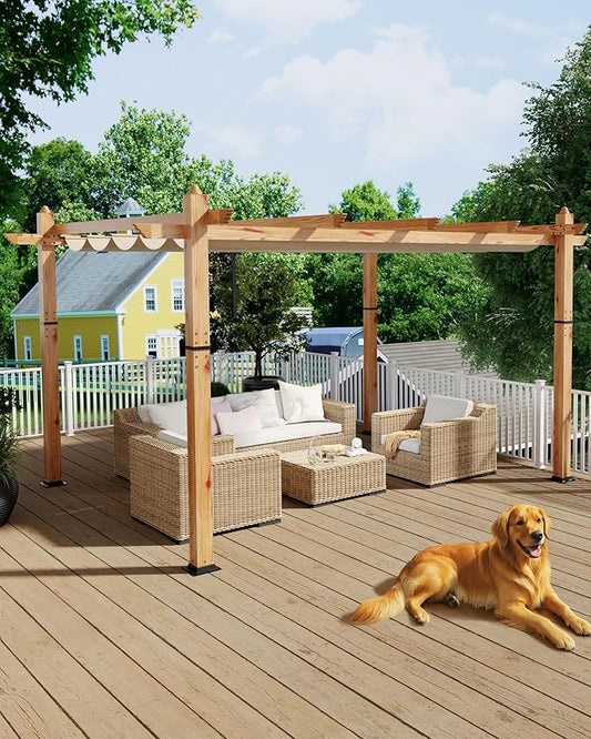 KYBOLT 10x13 Ft Outdoor Pergola with Retractable Canopy Upgraded Aluminum Faux Wood Grain Patio Pergola for Modern Backyard Deck Porch Grape Trellis(Khaki)