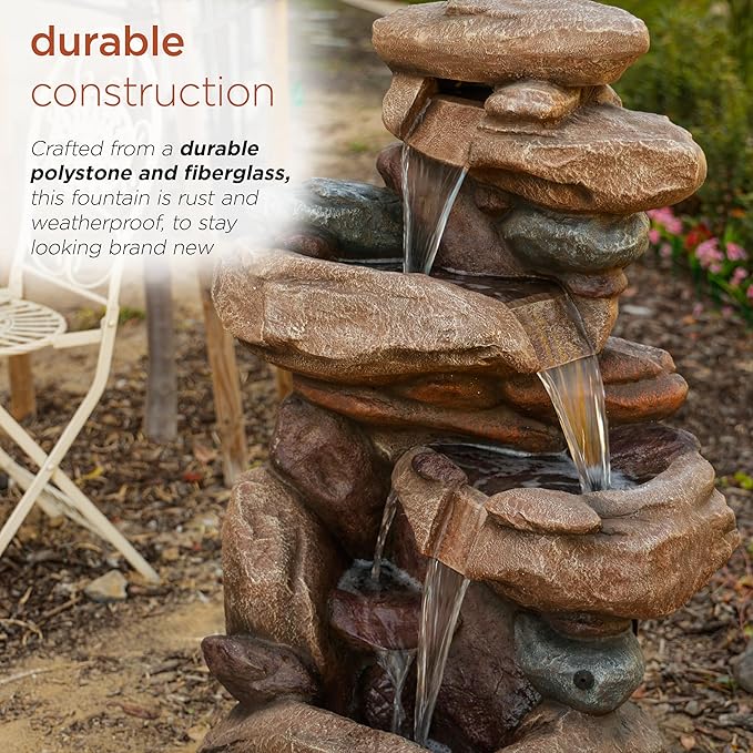 Alpine Corporation 40" Tall Floor Fountain, Tiered Rock Water Feature with Color-Changing LED & Remote, Cascading Streams for a Tranquil Garden, Patio, Yard, Deck, or Porch, Light Brown
