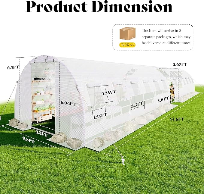 AMERLIFE Large Walk-in Tunnel Greenhouse 10×44 FT with Watering System, Heavy Duty Greenhouse with 4 Support Poles, Front/Back Doors, Mesh Windows, Galvanized Steel Frame & UV-Proof PE Cover White