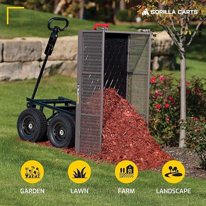 Gorilla Carts Steel Dump Cart, 5 Cu Ft Bed, 1200 lb Load Capacity, Gray – Towable Heavy-Duty Outdoor Utility Wagon with Removable Side Panels for Yard, Lawn, Garden or Landscaping