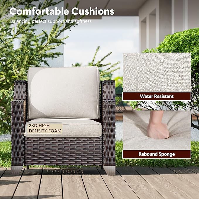 5 Pieces Wicker Patio Furniture, Luxury Outdoor Conversation Sets with 2 Patio Rattan Chair, 3-Seater Sofa, 2 Patio Ottoman, Wide Armrest, Thickened Cushions, Ideal for Deck, Porch Use