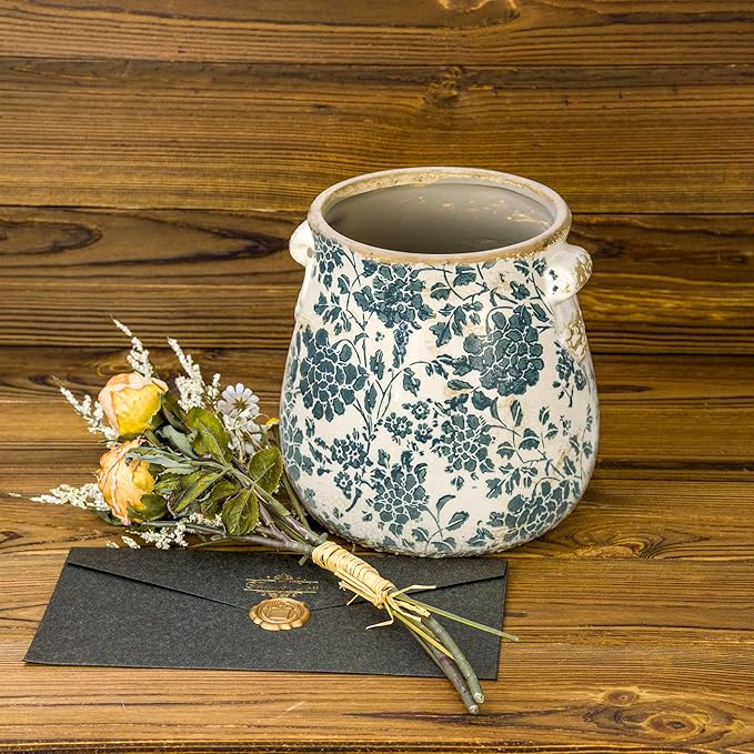 Dosayes Teal Ceramic Pot for Planter, Vintage Flower Pot with Drainage Holes, 6.3 inch Ice Crack Glazed Indoor Planters Pot with Handle (Cyan)