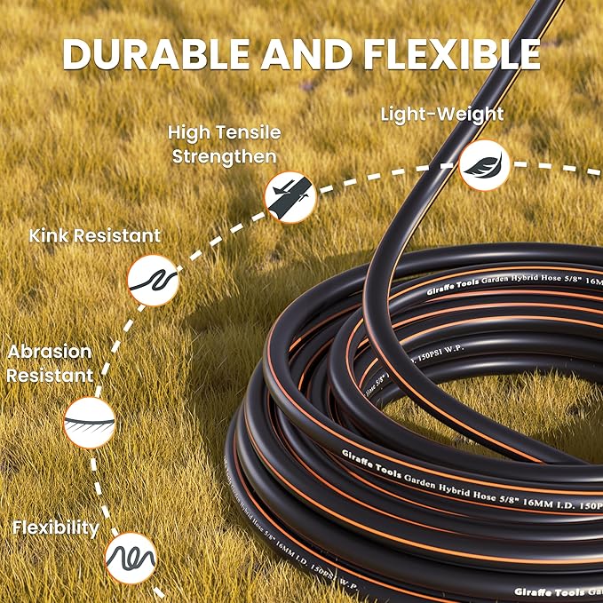 Giraffe Tools Garden Hose 5/8", Water Hose Heavy Duty, Flexible, Lightweight Hybrid Hose with Swivel Handle, 10ft Male to Female Fittings, Burst 600 PSI, Short Leader Hose