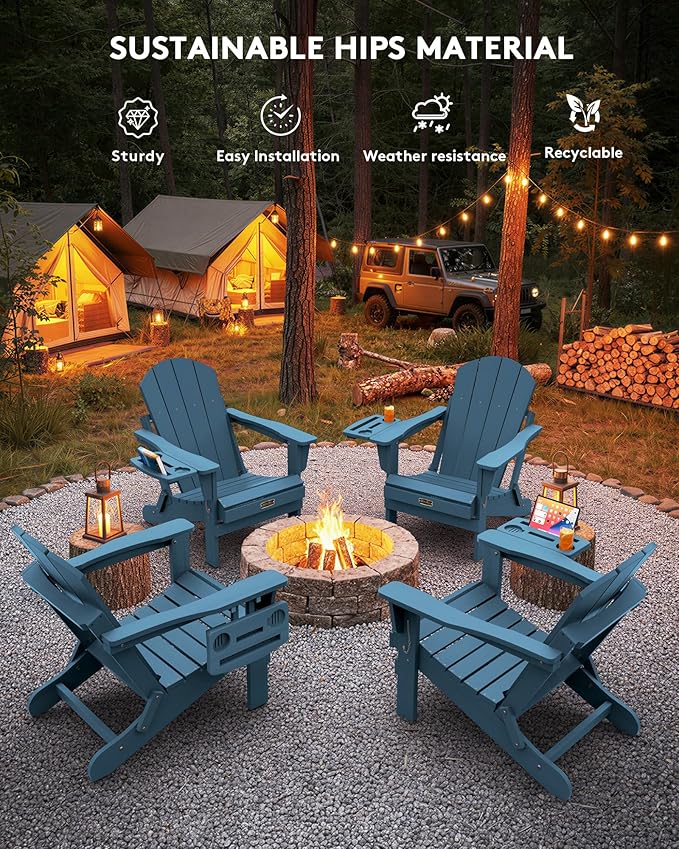 SERWALL Foldable Adirondack Chair Set of 4, HIPS Adirondack Chairs with 4 in 1 Cup Holder, Weather Resistant Fire Pit Chair for Patio, Garden, Outdoors, Poolside - Blue