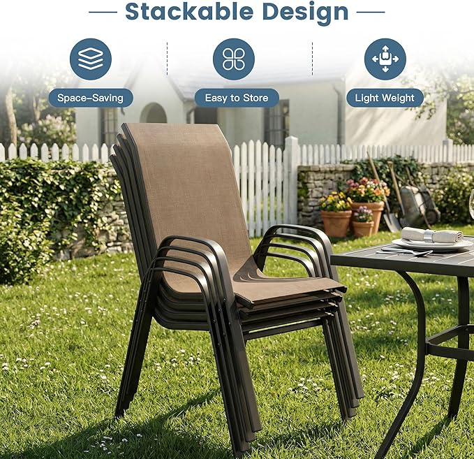 DIFY Patio Chairs Set of 6, Stackable Outdoor Dining Chairs Set with Breathable Textilene High Back and All-Weather Metal Frame for Garden, Backyard, Deck, Brwon
