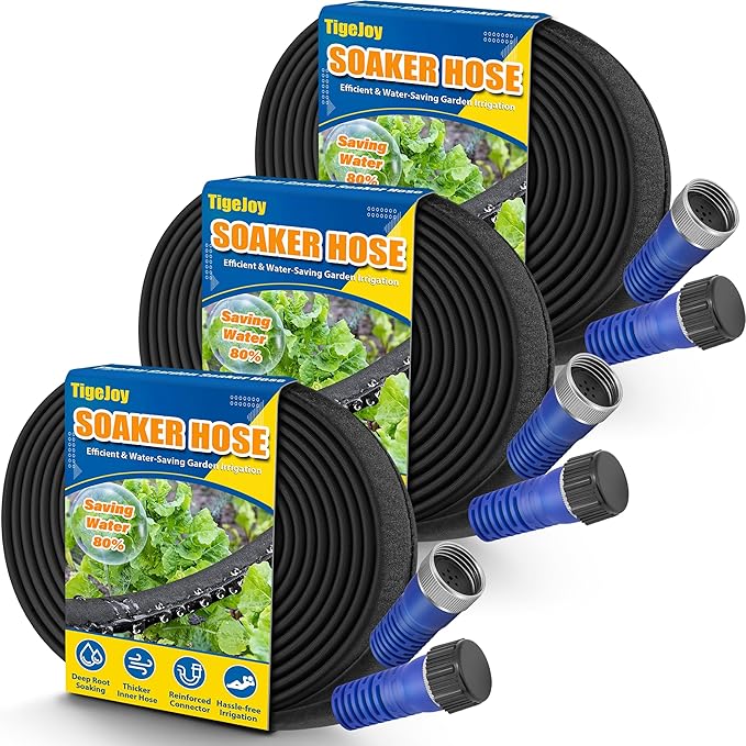 TigeJoy 150FT Flat Soaker Hose, Heavy Duty Double Layer Garden Watering Hose, Flexible Leakproof Drip Irrigation Hose for Raised Beds, Lawns & Vegetables, Save 80% Water