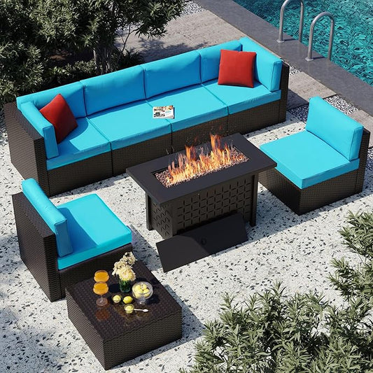 Vongrasig 8 Pieces Patio Furniture Set with 43" Fire Pit, Outdoor Couch Sectional Set, Small Conversation Set, 50,000 BTU Gas Fire Pit Propane Fire Table with Lid, Glass Wind Guard, Blue