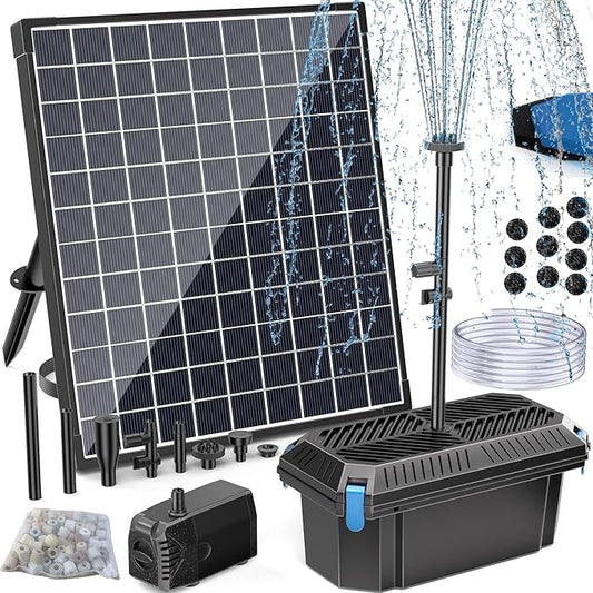 POPOSOAP 25W Solar Water Pump with Pond Filter, Solar Pond Filter with Pond Pump Water Flow Adjustable, Pond Filter with PVC Tubing for Outdoor Ponds Fish Tank Waterfall Garden Water Features P3253