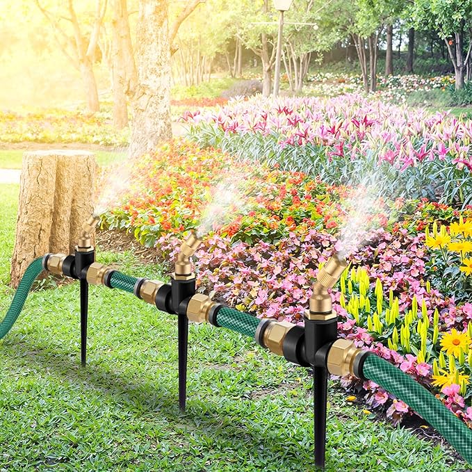 Tioncy 4 Pack Metal Lawn Sprinkler with Brass Nozzle, Heavy Duty Garden Spike Sprinkler Automatic Irrigation Tool for Lawn Garden Yard Greenhouse (Single Nozzle,Black)