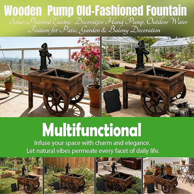 NestNature Outdoor Water Fountain,Wooden Wagon Wheel Pump Old-Fashioned Fountain,Solar-Powered Electric Decorative Hand Pump, Outdoor Water Feature for Patio, Garden & Indoor Decoration