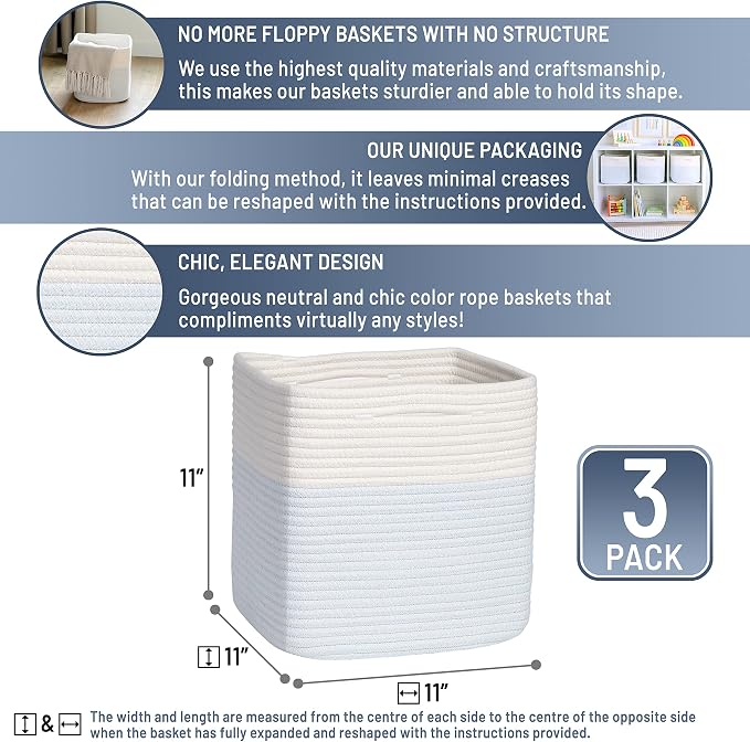 NaturalCozy Storage Cubes 11 Inch Cotton Rope Woven Baskets for Organizing, 3-Pack | Cube Storage Bin | Square Storage Baskets for Shelves Organizer, Classroom, Kids Toy Bins, Closet, Baby Nursery