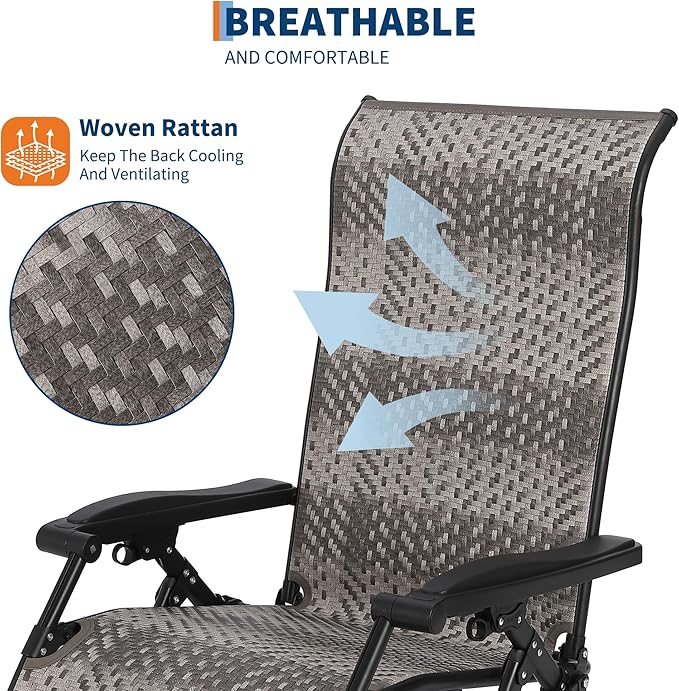 CuisinSmart 1 Pack Foldable Rattan Lounge Chairs, Patio Recliner Chair with Widened Armrest & Heavy Duty Wicker, Portable Patio Lounge Chair for Indoor, Poolside, Balcony, Backyard, Garden