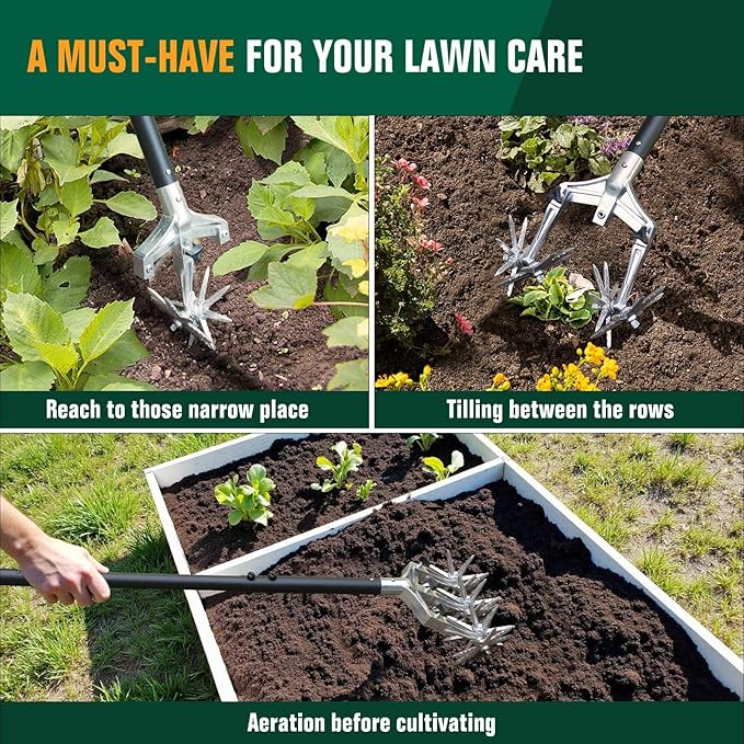 Altdorff Rotary Cultivator Garden Tool for Gardening and Lawn(61''), Rotary Hand Tiller with Detachable Thicker Tines&Sturdy Steel Handle, Manual Tiller Cultivator for Soil or Reseeding Grass