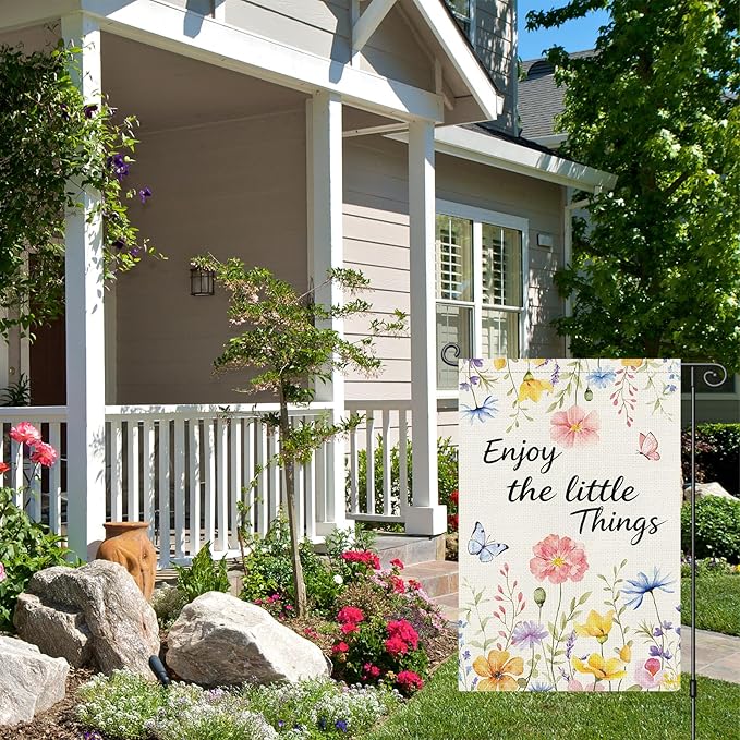 Louise Maelys Spring Garden Flag Enjoy The Little Things Butterfly Watercolor Flower Double Sided 12x18 Inch Floral Seasonal Welcome Small Burlap Holiday Yard Sign Outdoor Decor