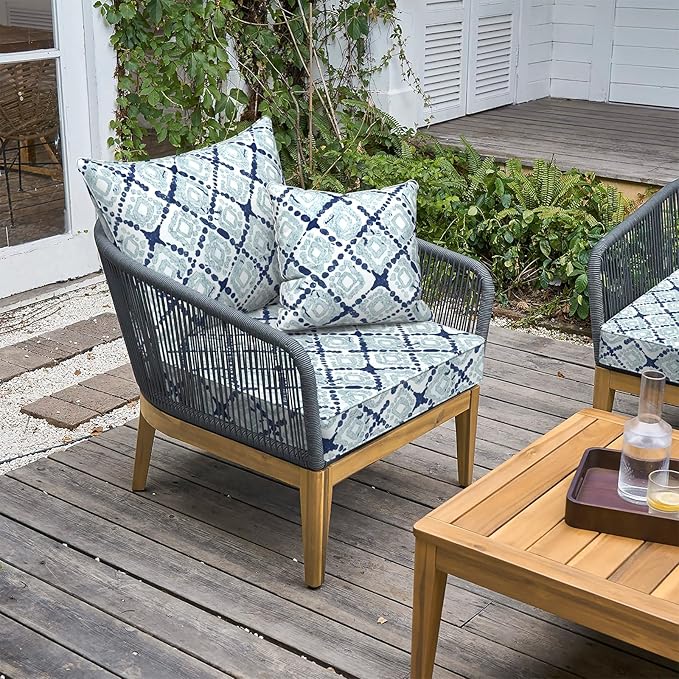 LVTXIII Outdoor Deep Seat Cushion Patio Seat and Back Cushion Set Seasonal Chair Cushion with Removable Cover and Adjustable Buckle for Home and Garden, 22"x22"x4", Boho Geometry Blue