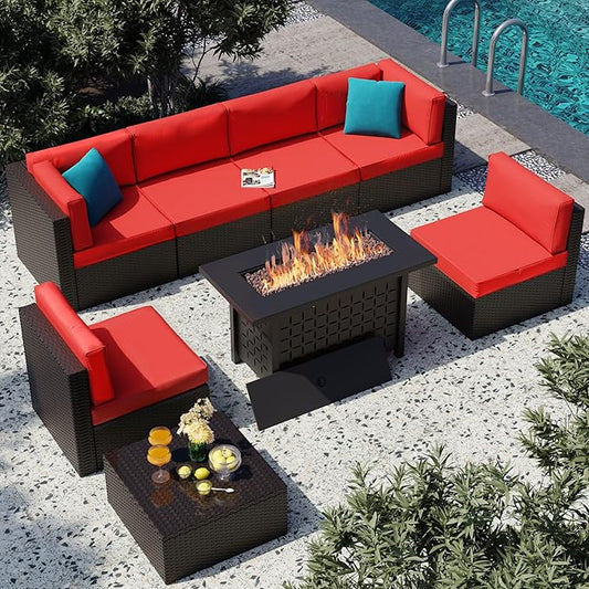 Vongrasig 8 Pieces Patio Furniture Set with 43" Fire Pit, Outdoor Couch Sectional Set, Small Conversation Set, 50,000 BTU Gas Fire Pit Propane Fire Table with Lid, Glass Wind Guard, Red