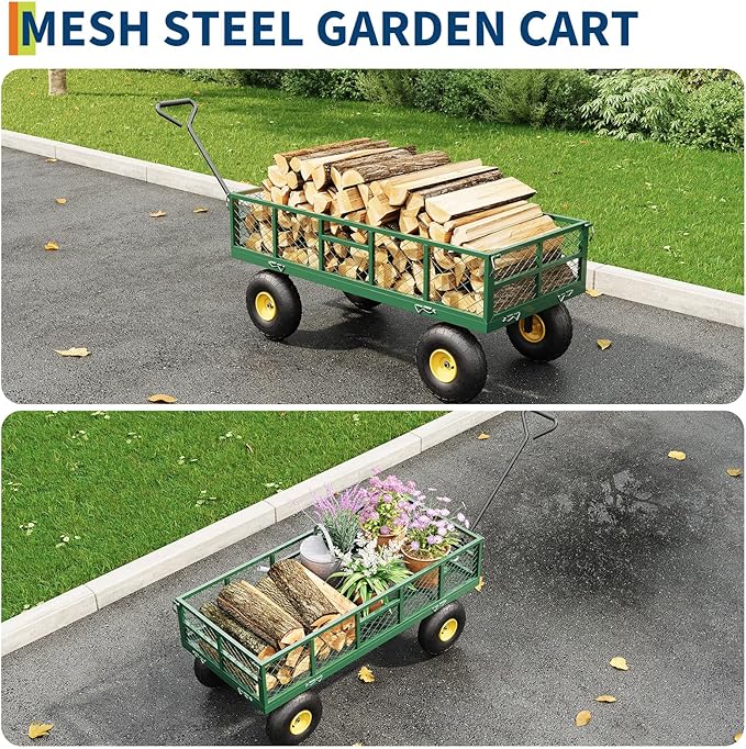 Garvee 900 lbs Steel Garden Dump Cart with Removable Sides, Convert to Flatbed, Heavy Duty Yard Cart with 180°Rotating Handle & 10" All Terrain Wheels, Utility Dump Wagon for Lawn Farm Backyard