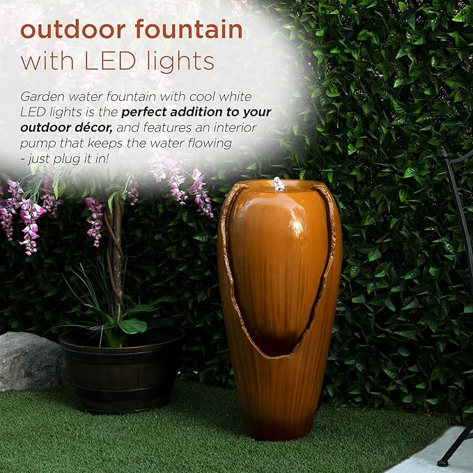 Alpine Corporation 33" Tall Outdoor Vintage Cascading Antique Jar Water Fountain with LED Lights for Gardens, Patios, and Yards, Brown