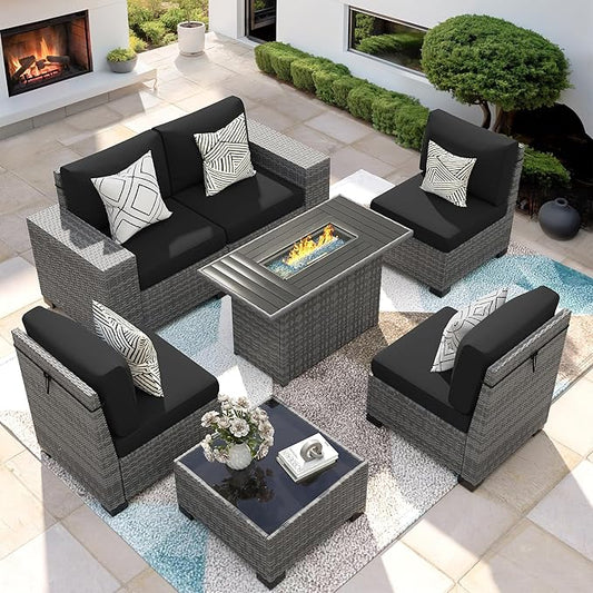 7 Piece Patio Furniture Set with Fire Pit Table, Outdoor Sectional Conversation Sets Wicker Rattan Sectional Sofa with Coffee Table for Patio Garden Backyard, 4'' Thickened Cushion Black