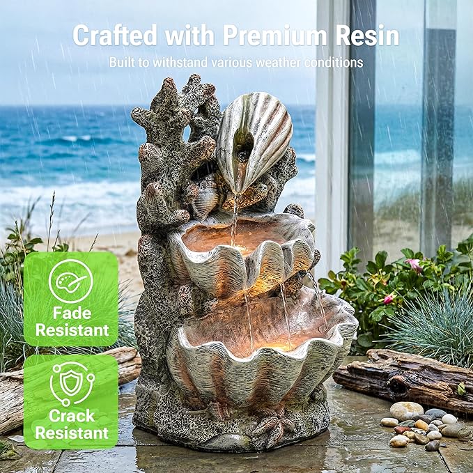 19-Inch Outdoor Water Fountain, 3-Tier Indoor & Outdoor Coral & Seashell Resin Waterfall Fountain with 2 LED Lights, Ocean Themed Water Feature for Garden, Patio, Yard, Balcony, Deck in Pink
