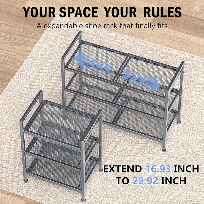 Expandable Shoe Rack for Closet, Entryway, Shoe Storage, 3-Tier, Grey