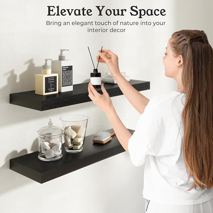 48" Black Floating Shelves Wood Wall Shelf, Black Color, Set of 1 | Wall Mounted Wood Shelves, For Bathroom, Bedroom, Living Room, Kitchen, Hanging Shelf for Books/Storage/Room Décor