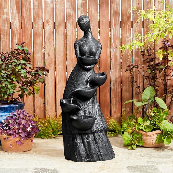 Glitzhome 5 Tier Modern Women Sculpture Outdoor Water Fountain, Indoor Outdoor Woman Statue Waterfall Fountain with LED Lights for Porch Deck Garden Patio Backyard, 39.75" H