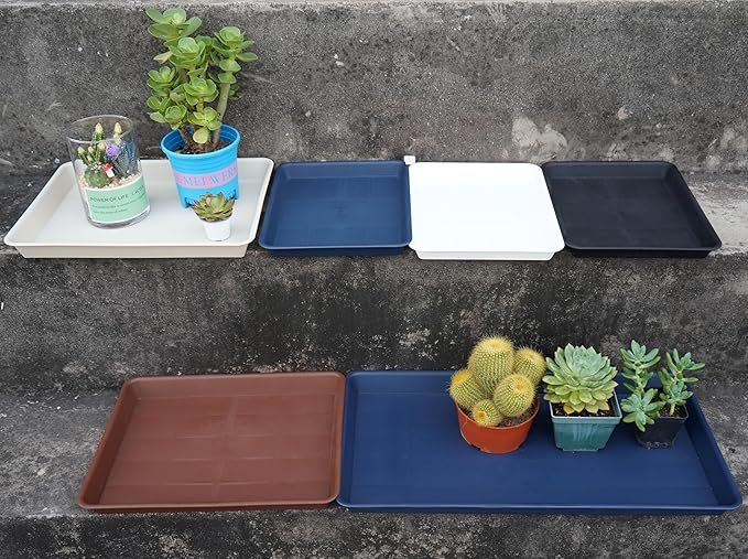 VUWEZ 4 Pack Plant Saucer Tray Rectangular, Plant Saucers for Indoors, Heavy Sturdy Plastic Plant Drainage Trays, Plant Drip Trays for Pots, Seed Starter Growing Tray (11 x 9 inch, Black)