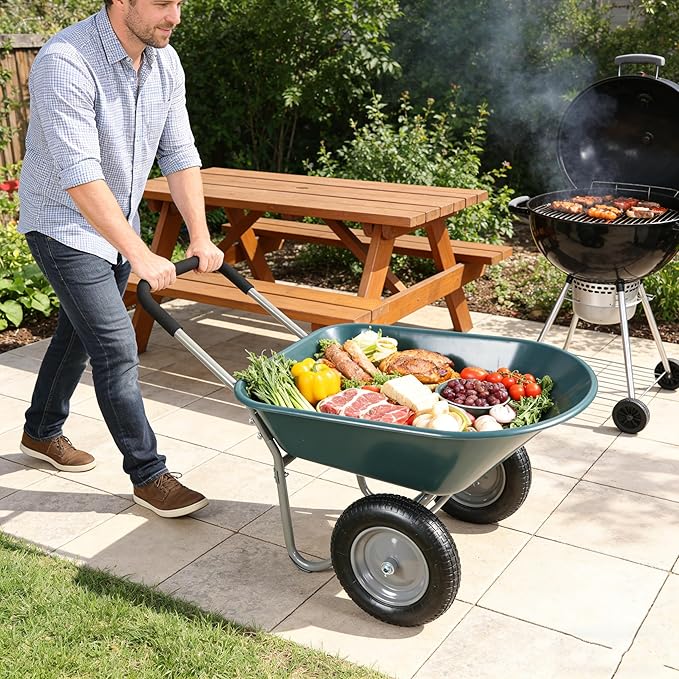 Steel Tray Wheelbarrow Heavy Duty Garden Cart with 12 Inch Pneumatic Wheel, 220lbs Capacity Lightweight Yard Cart Wheelbarrow for Landscaping, Residential Gardening, Red (Green)