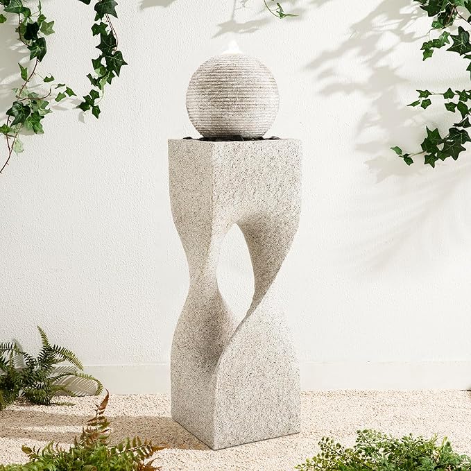 Glitzhome Outdoor Water Fountain, Outdoor Fountain with Pebbles, Pump and LED Light, 36.5" H Polyresin Modern Geometric Pedestal and Sphere Waterfall Fountain Water Feature for Garden, Patio, Yard