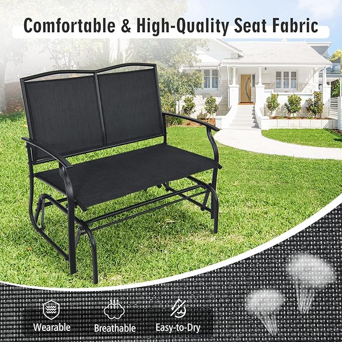 Tangkula 2-Person Patio Glider Bench, Outdoor Rocker Glider Loveseat Chair W/Heavy-Duty Steel Frame, Breathable Seat Fabric, Rocking Lounge Chair for Poolside, Garden, Backyard (Black)