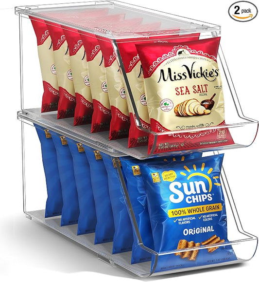 Sorbus Stackable Snack Organizer Bins Open Front – Clear Pantry Storage Bins for Chips, Snacks & Food Pouches – Kitchen Pantry Organizer (2 Pack)