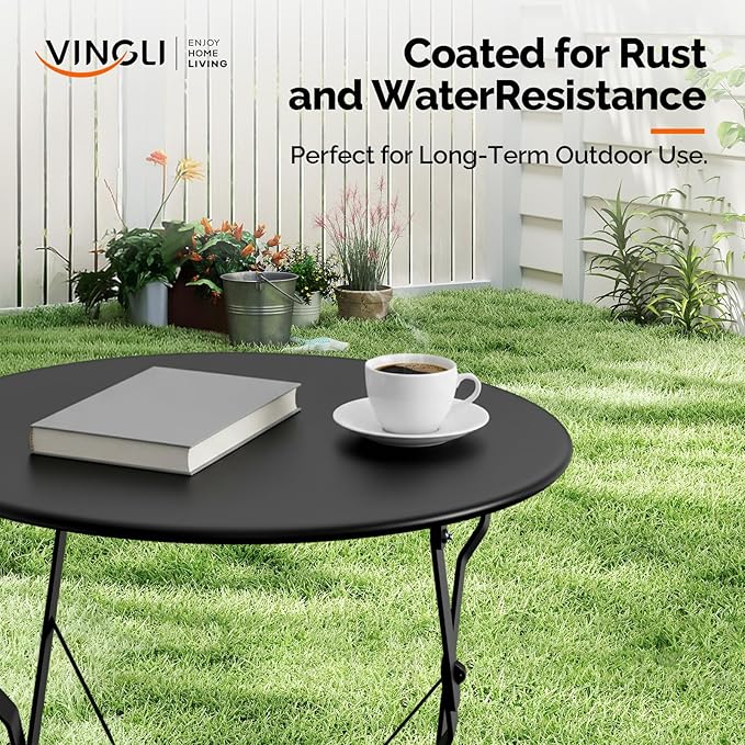 VINGLI Outdoor Folding Bistro Table and Chairs Set of 2, 3-Piece Bistro Set with Premium Steel Frame for Patio, Balcony, Garden, Porch, Yard, Black