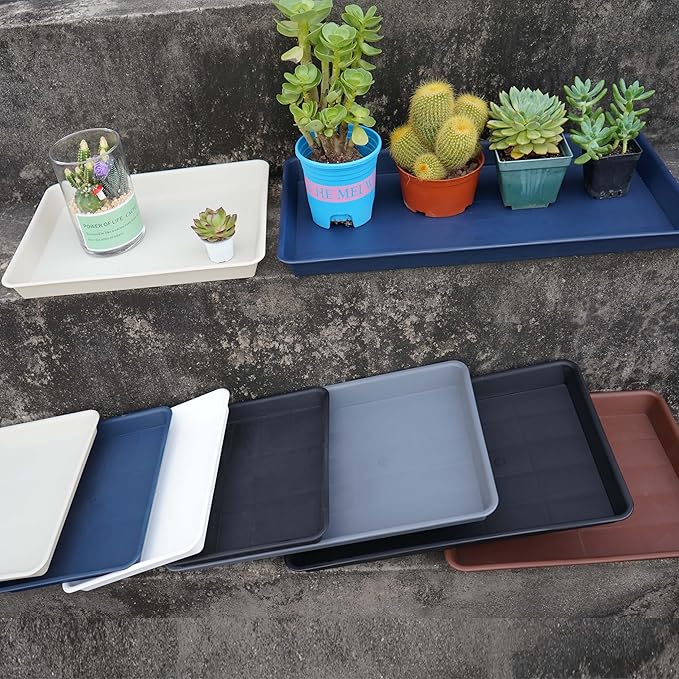 VUWEZ Rectangle Plant Tray, Plant Drip Tray, Plant Pot Saucers, Plant Germination Trays, Plant Saucers, 14.5'' x 11'' x 1.5'' (4 pack), Blue