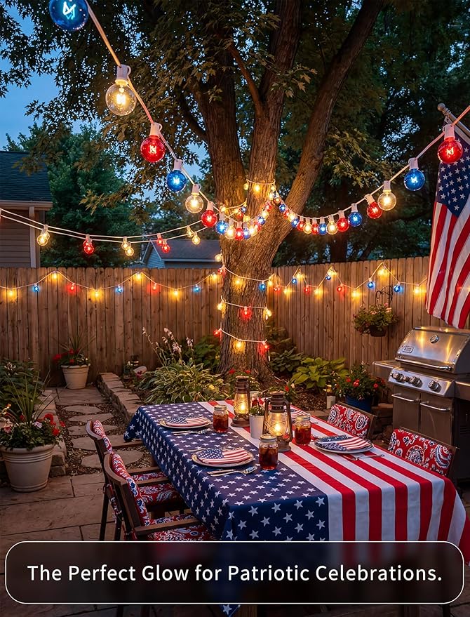 4th of July String Lights 25FT, 27 Incandescent G40 Red White Blue Bulbs (2 Spare), Waterproof Connectable Outdoor Patio Lights for Party Garden Decor