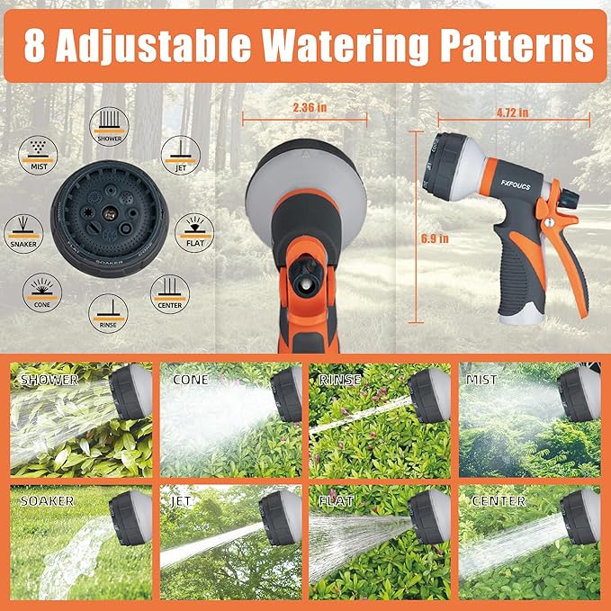Garden Hose Nozzle Sprayer– this high heavy-duty spray nozzle offer 8 watering patterns for watering plants, lawns & gardens, washing cars, household (Grey Orange)