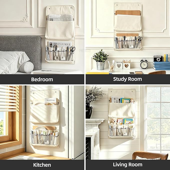 2pcs Wall Hanging Storage Bag File Organizer, Wall Hanging Baskets with Pockets, Over the Door Organizer for Home, College, Dorm, Kitchen, Office, RV Camper(Cream White)