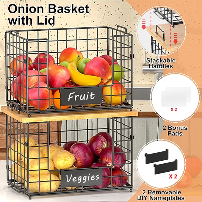 2-Pack Stackable Wire Baskets with 2 Pads & Bamboo Top, Pantry Organizer