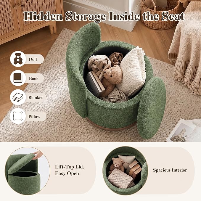 Ottoman with Storage, Round Vanity Stool with Back | 22L Hidden Seat, 360° Swivel, Reversible Lid, No Wheels, Upholstered Makeup Footstool for Bedroom