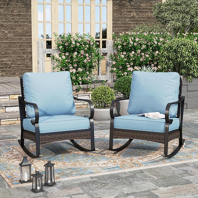 HERA'S HOUSE Patio Rocking Chairs Set of 2 with Thick Cushions, High Back Metal Outdoor Rockers, All Weather Garden Furniture for Backyard, Deck, Lawn, Blue