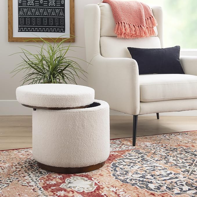 Linon Lexington Natural Sherpa Round Storage Ottoman with Wood Accent