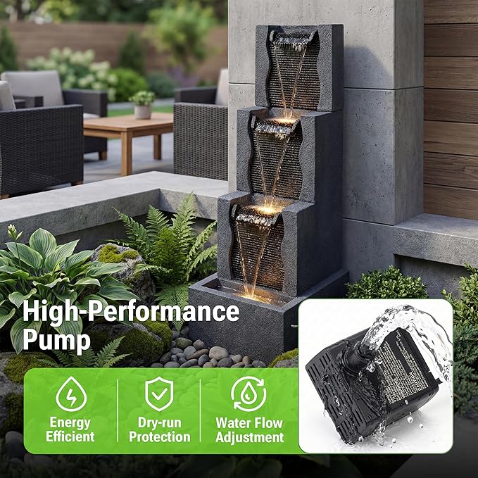39-Inch Outdoor Water Fountain, 4-Tier Modern Cascading Resin Waterfall Fountain with 3 LED Lights, Indoor & Outdoor Water Feature for Garden, Patio, Backyard, Deck, Porch, Balcony in Black